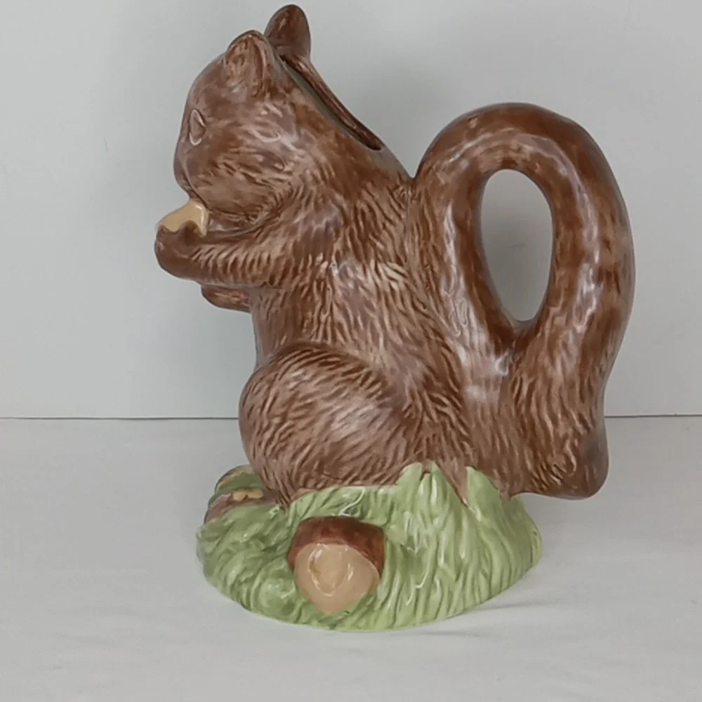 Vintage Stoneware Whimsical Hand Painted Squirrel Vase Pitcher
